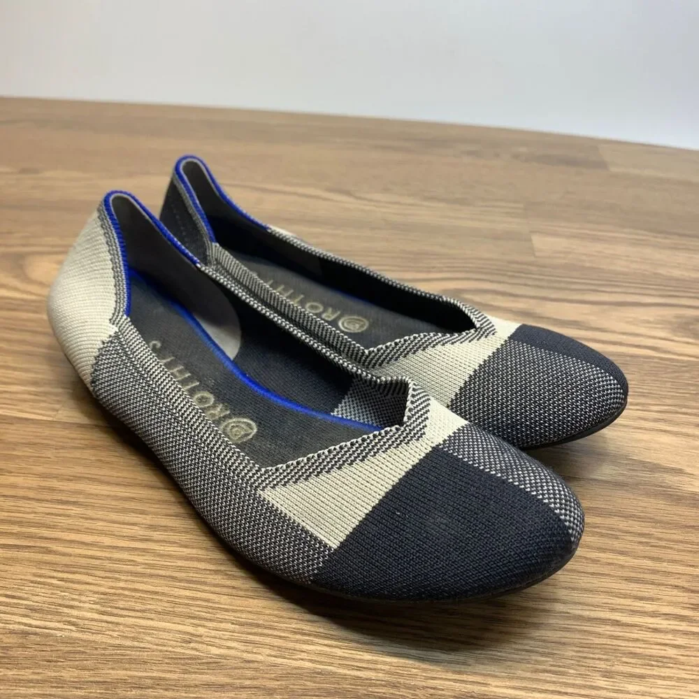 ROTHY’S The Flat Round Toe‎ Shoes Black Gray Plaid Womens Size 10 Slip On